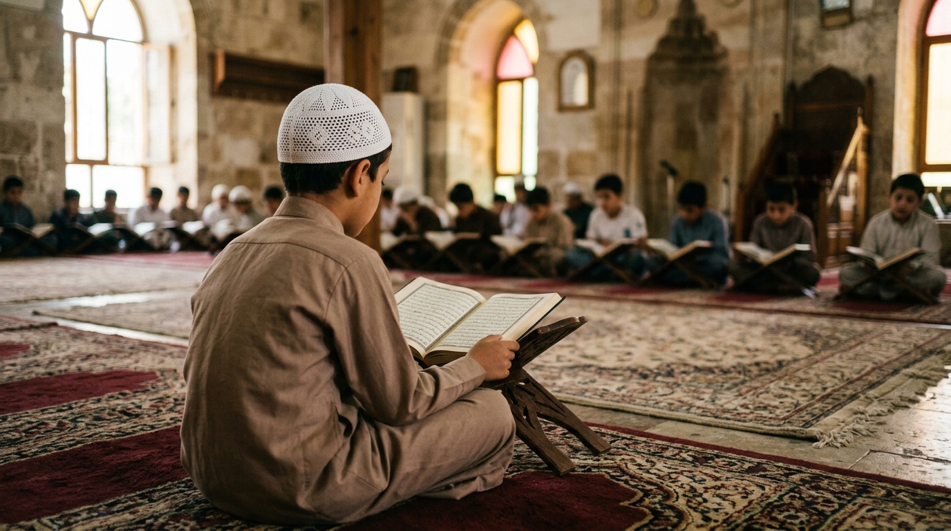 Student reading Quran on a wooden stand in a mosque with other students in background