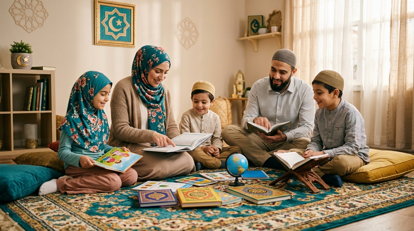 Muslim family teaching Islamic knowledge to children with books and materials