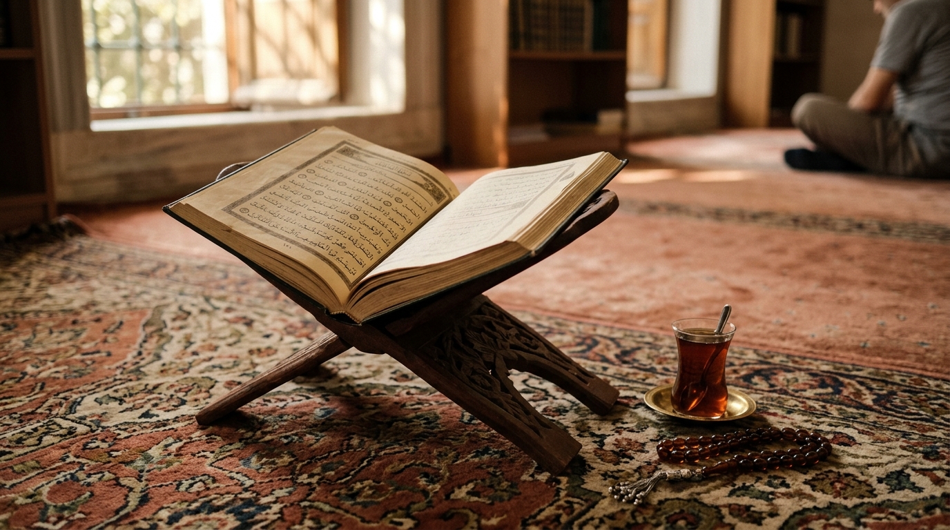 Open Quran on a carved wooden book stand with tea and prayer beads nearby