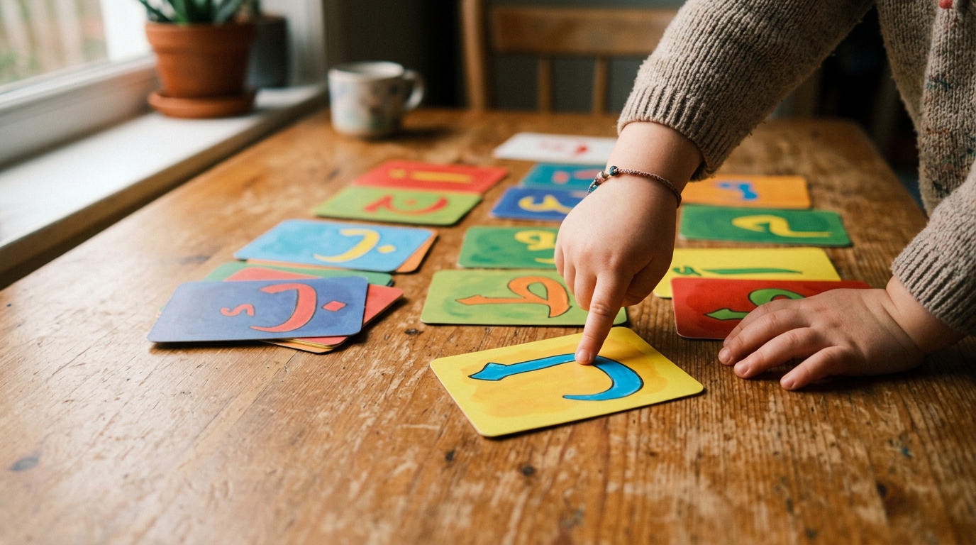 Child pointing at colorful Arabic alphabet flashcards on a wooden table