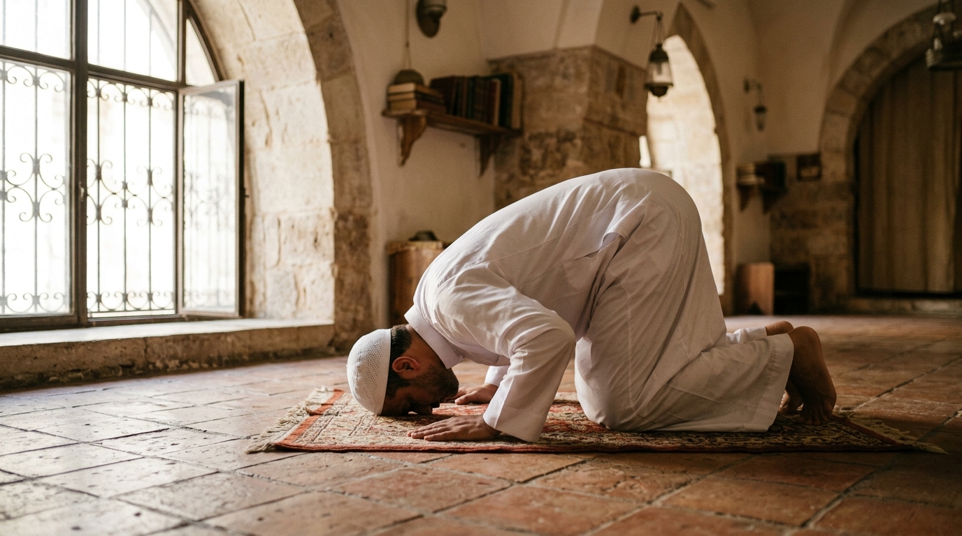 Person performing sujood on a prayer mat with natural light streaming through arched windows