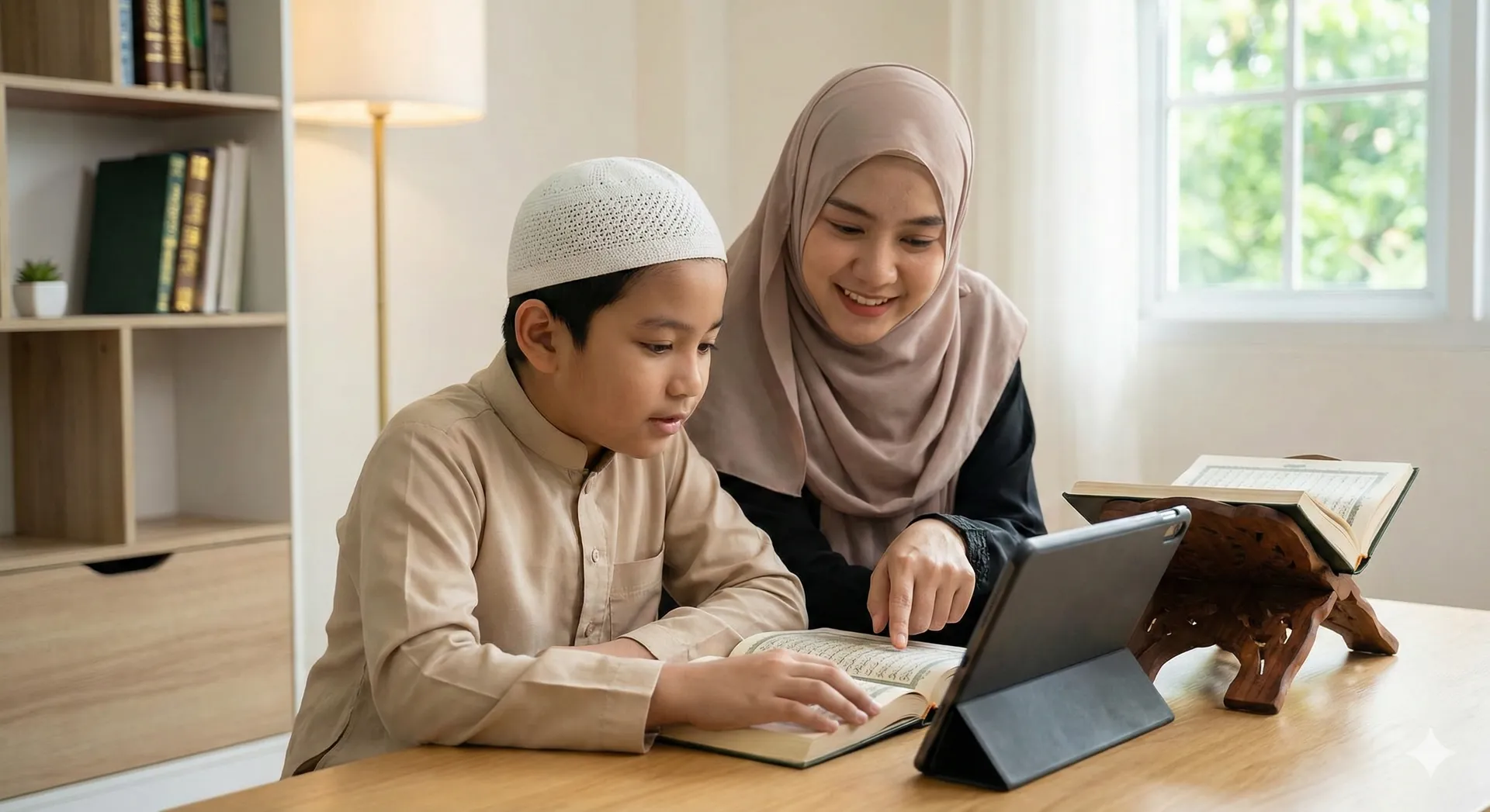 Mother helping her son with Quran learning on a tablet