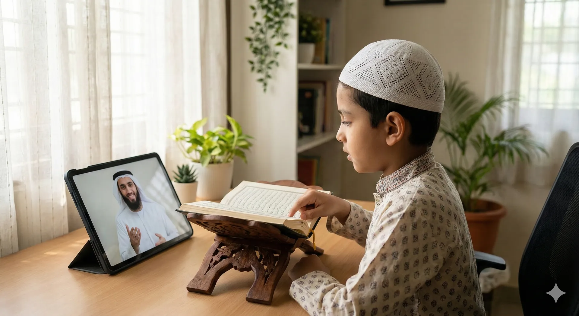Student attending an online Quran class with teacher on screen